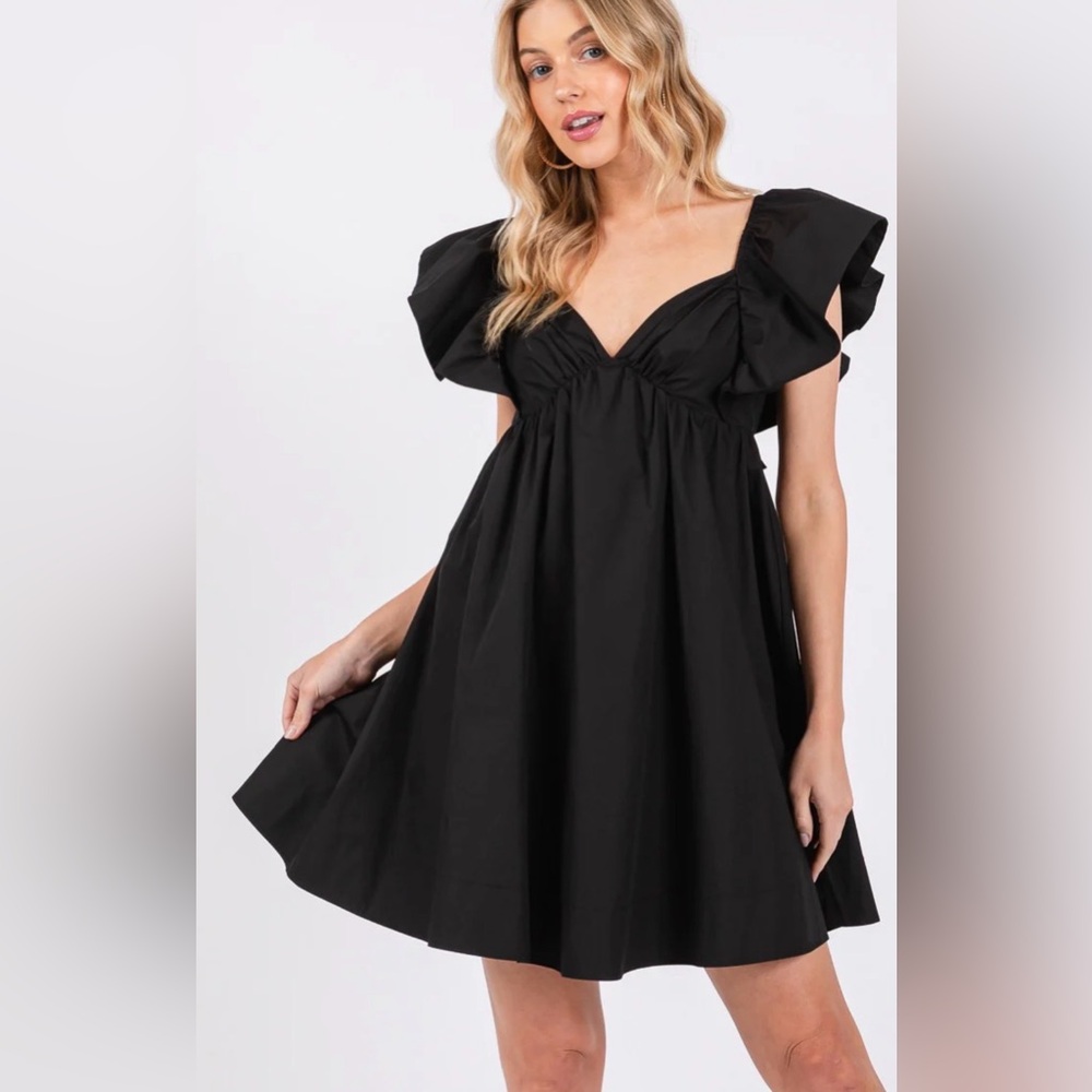 Black Flutter Sleeve Mini Dress - Unbranded